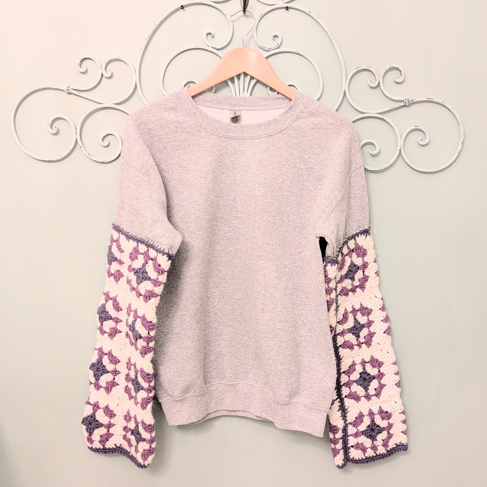 Gray Sweater with Purple Crochet Sleeves